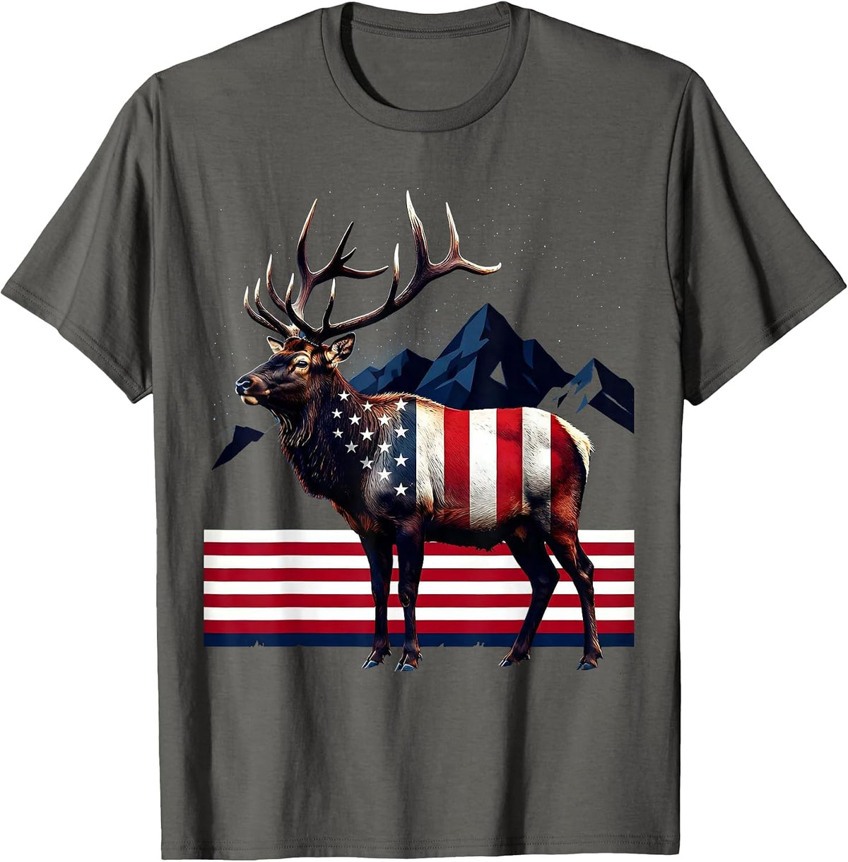 Men's Elk in Misty Mountain Meadow Wildlife Design T-Shirt - Asphalt Grey