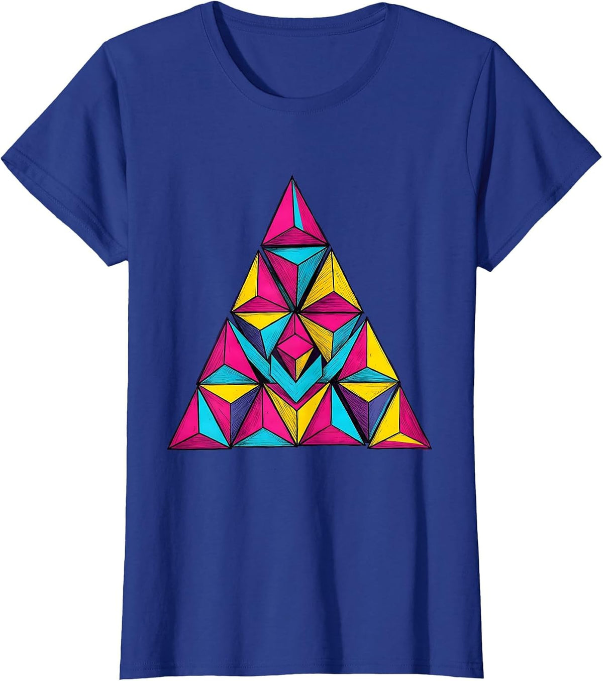 Women's Neon Geometric Triangle 80s Retro Design T-Shirt - Royal Blue