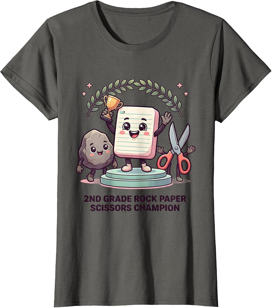 2nd Grade Rock Paper Scissors Champion Cute Kawaii Back T-Shirt, Women, Asphalt Grey, XX-Large - As Pictured