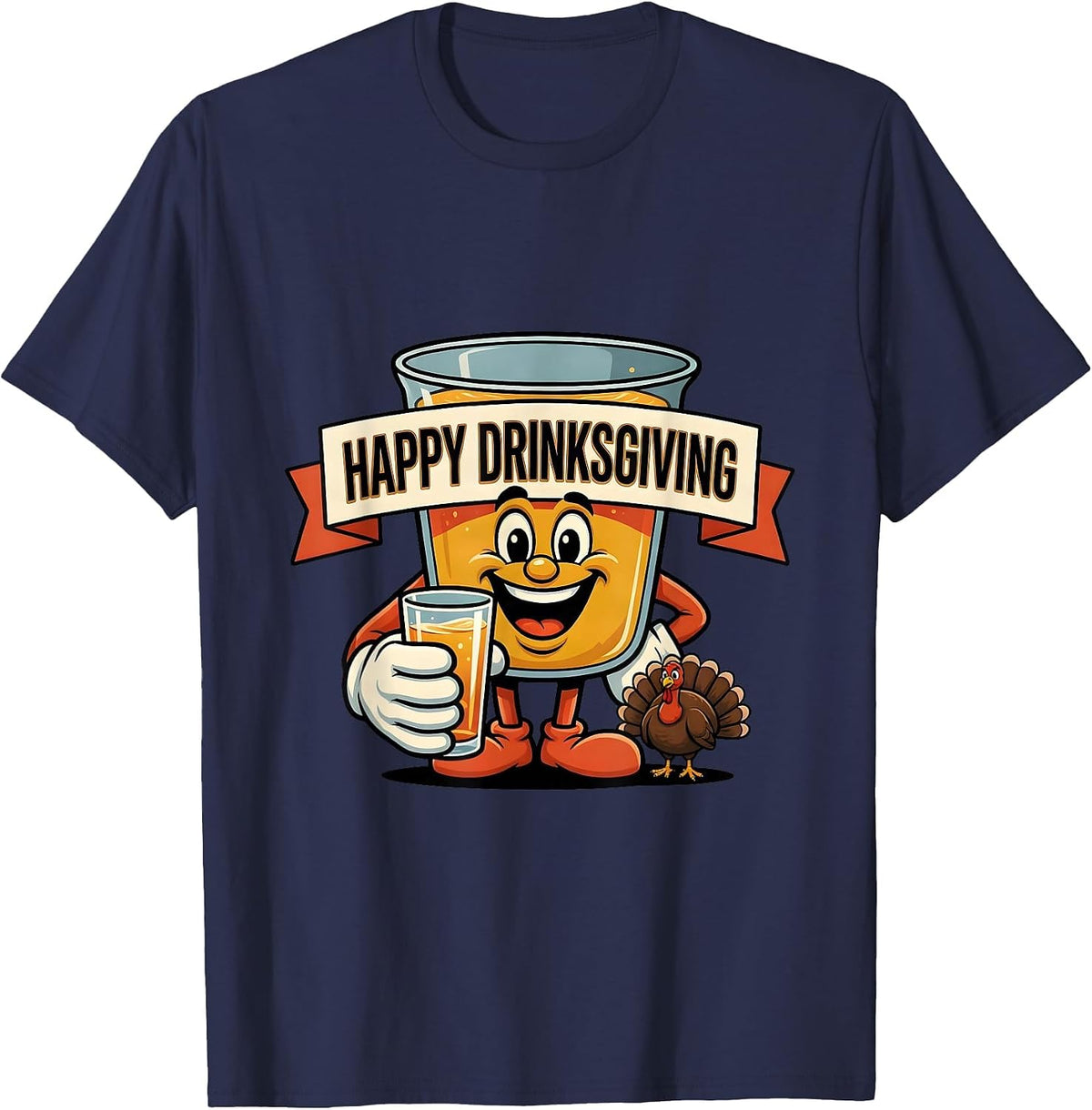 Happy Drinksgiving Retro Advertising Mascot Drinking Humor T-Shirt - Navy Blue