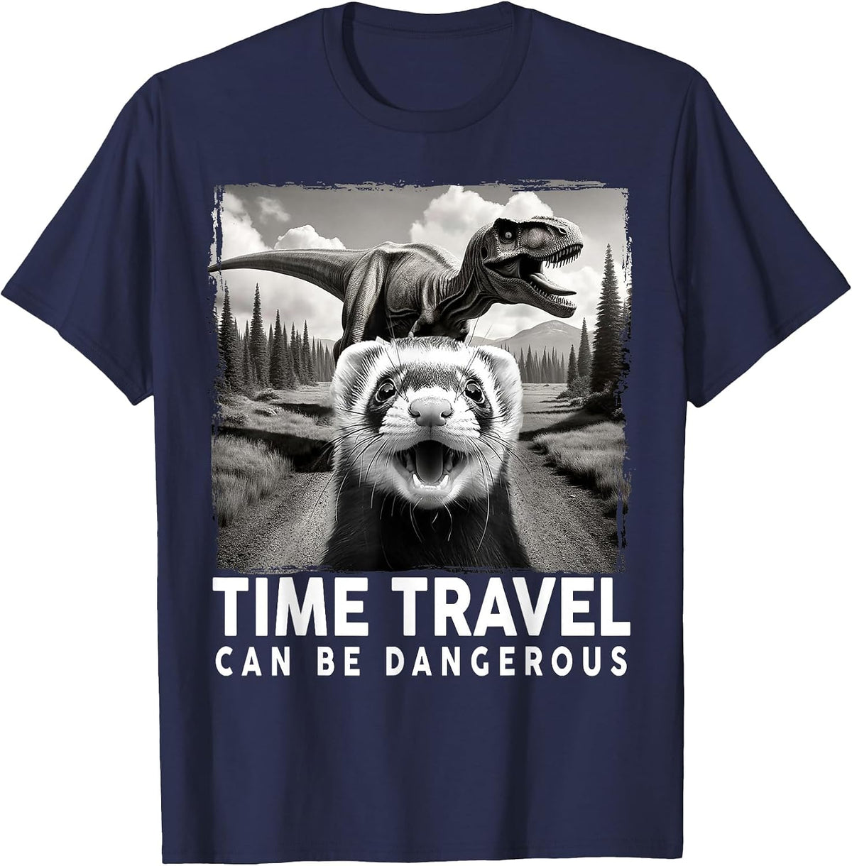 Ferret Selfie with Dinosaur, Time Travel Can Be Dangerous T-Shirt - Navy Blue