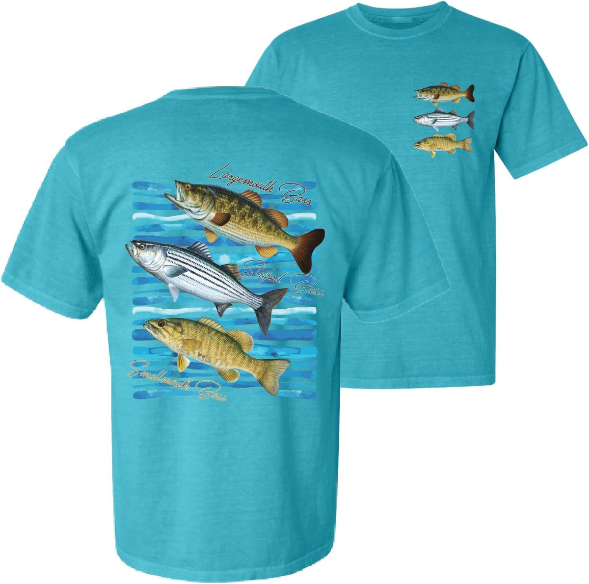 Largemouth Striped Smallmouth Big Bass Fish Fishing Garment-Dyed Washed Look Short Sleeve T-Shirt - Blue Lagoon