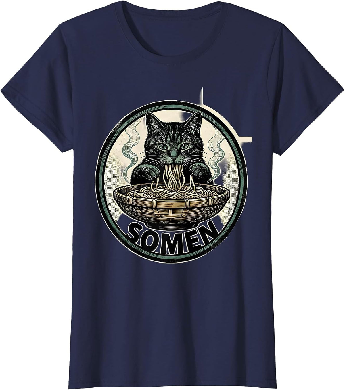 SOMEN Vintage Poster Relief Cat Ramen Kawaii Anime Gift T-Shirt - Navy Blue