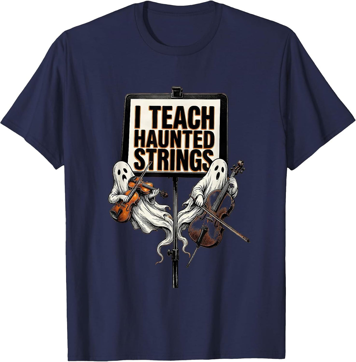 Men's I Teach Haunted Strings Funny Music Teacher Ghost Band T-Shirt - Navy Blue