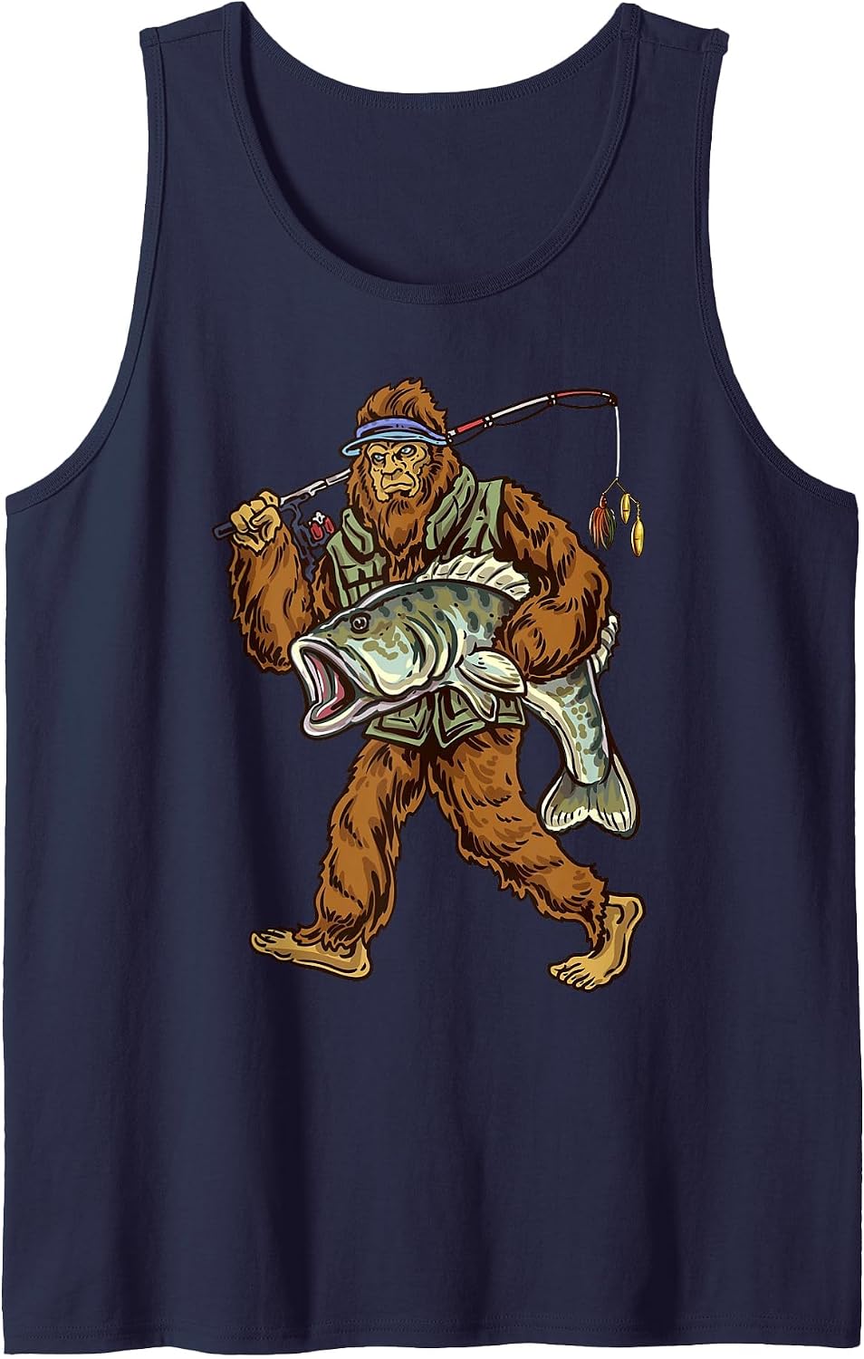 Largemouth Bass Fishing Bigfoot Fisherman Tank Top - Navy Blue