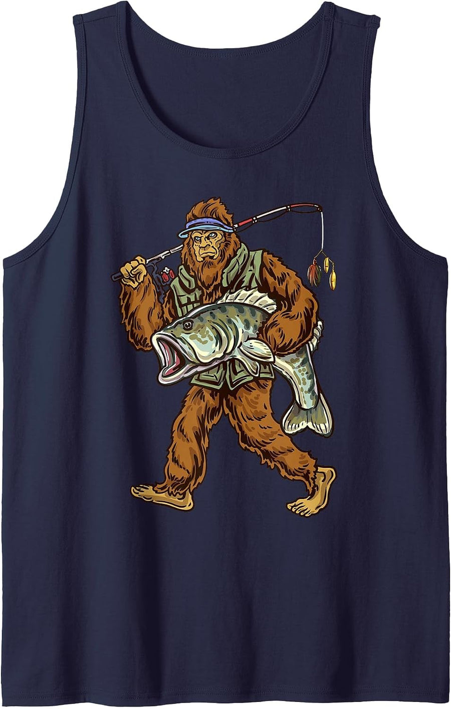 Largemouth Bass Fishing Bigfoot Fisherman Tank Top - Navy Blue