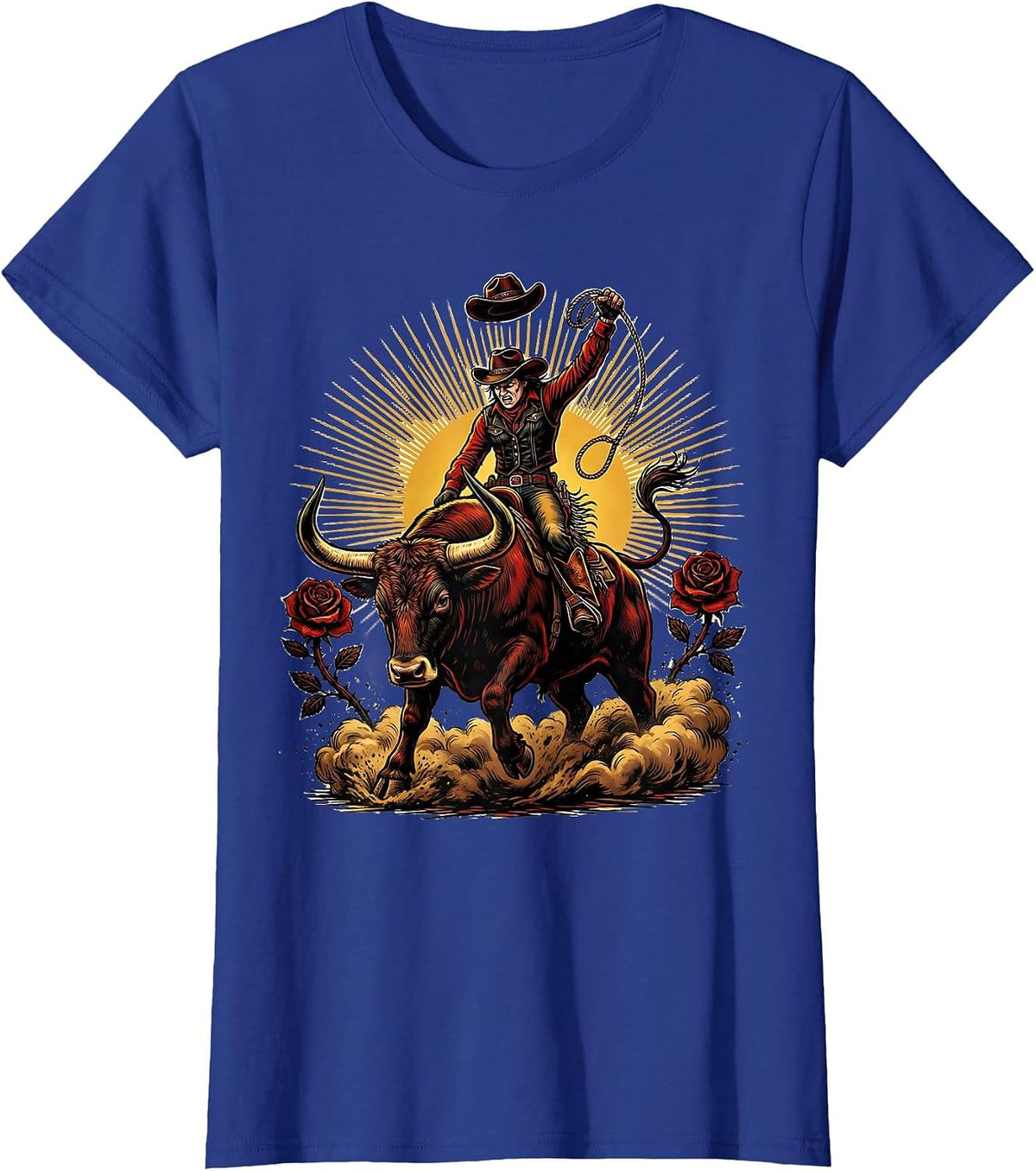 Women's Cowgirl Bull Rider Rodeo Arena Graphic T-Shirt - Royal Blue