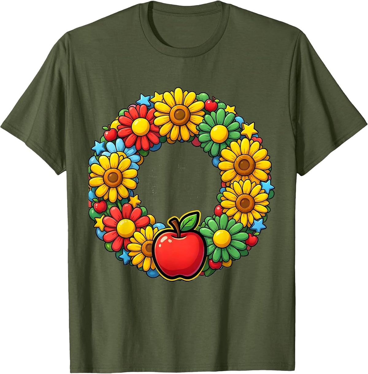 Men's Preschool Teacher ABC Floral Wreath Illustration T-Shirt - Olive Green