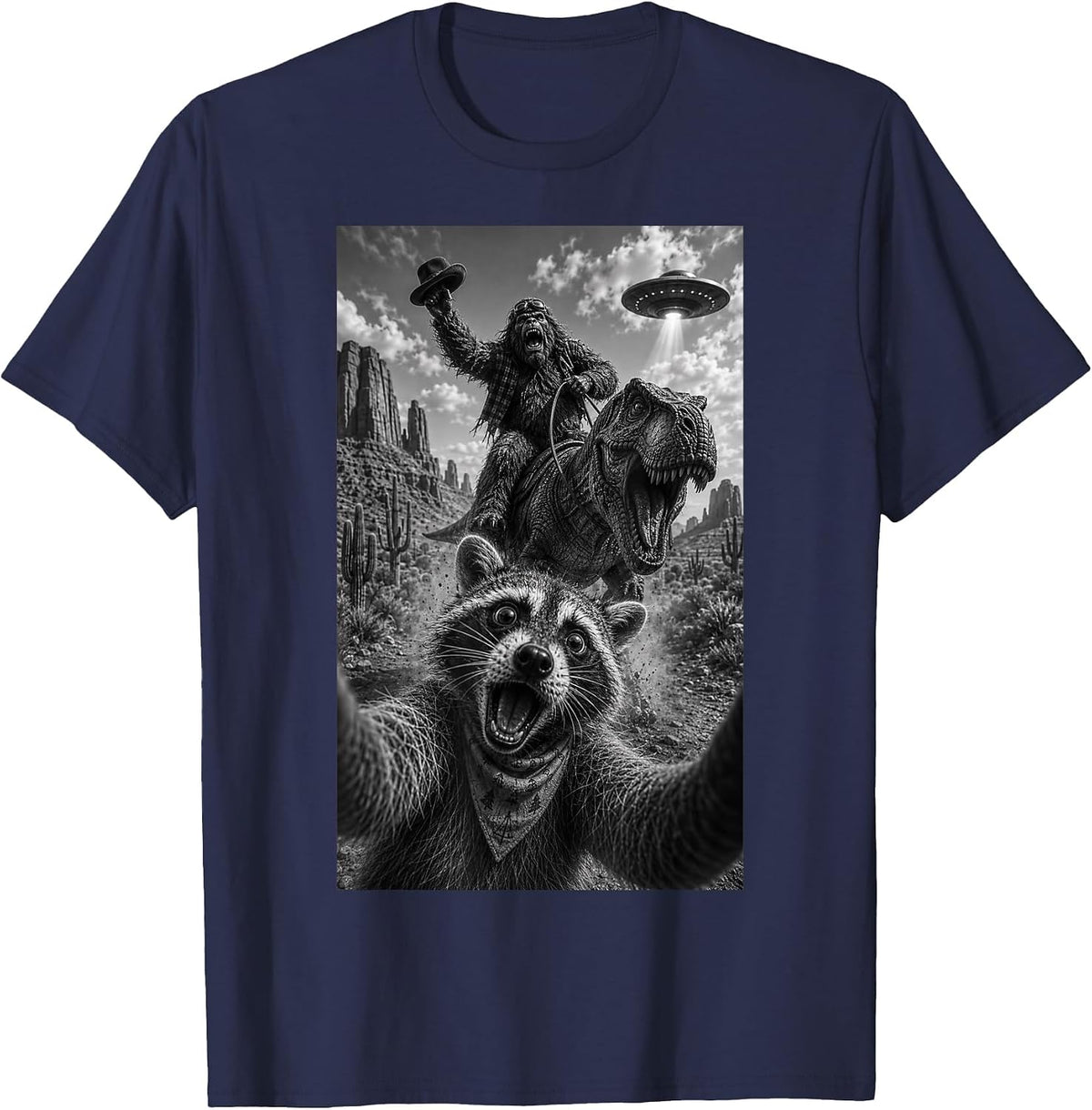 Raccoon Bigfoot T-Rex UFO Selfie T-Shirt - Navy Blue
