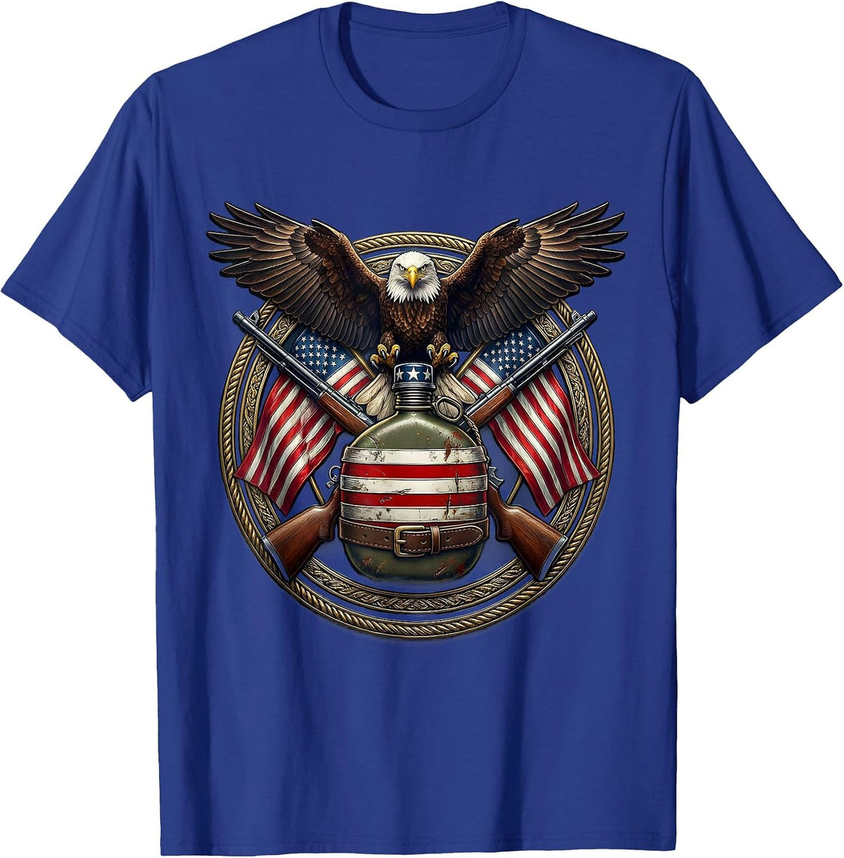 American Flag Canteen Soldier Belt Patriotic Design T-Shirt - Royal Blue
