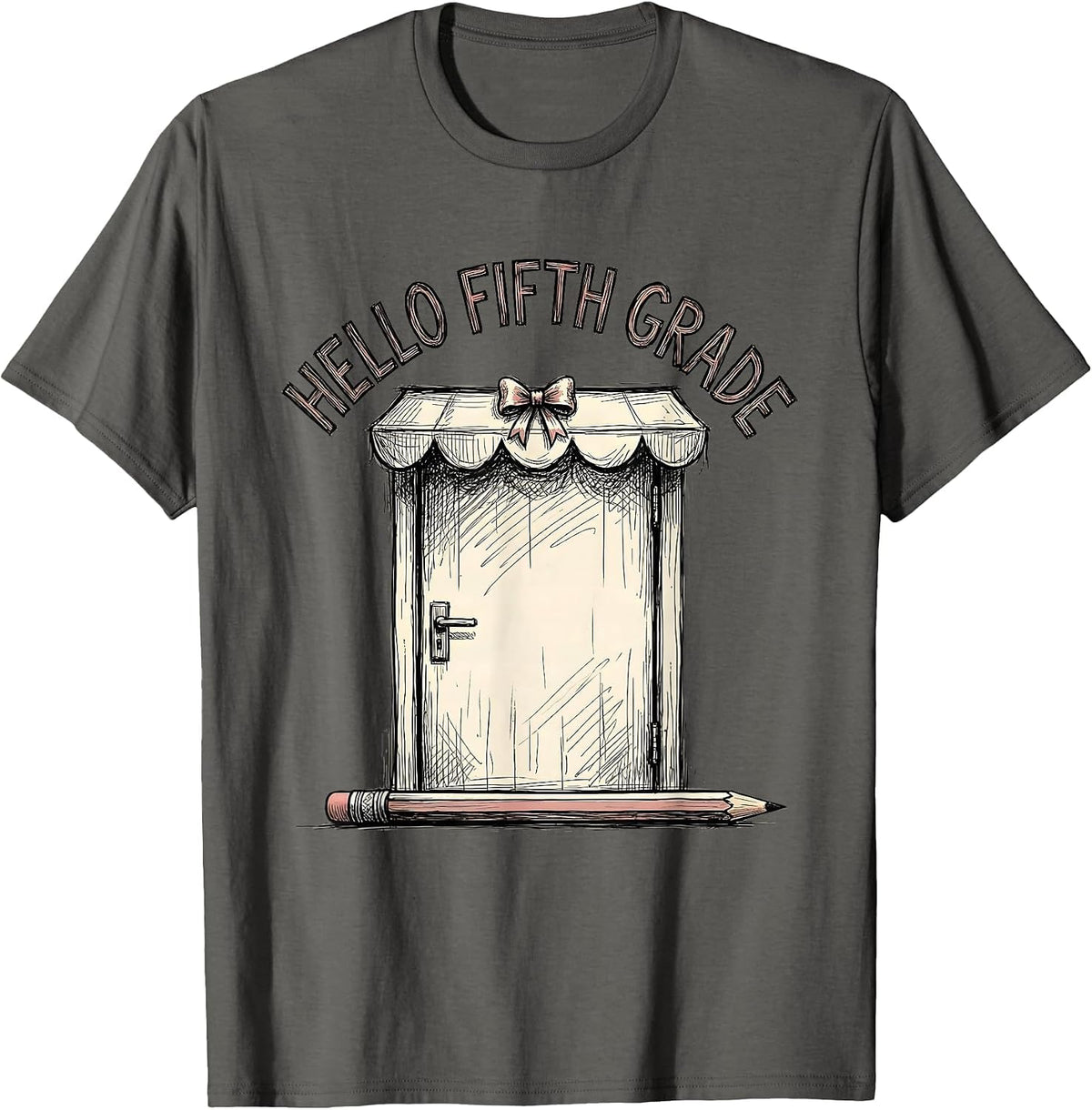 Hello Fifth Grade Cute Coquette Back To School Pencil Bow T-Shirt - Asphalt Grey
