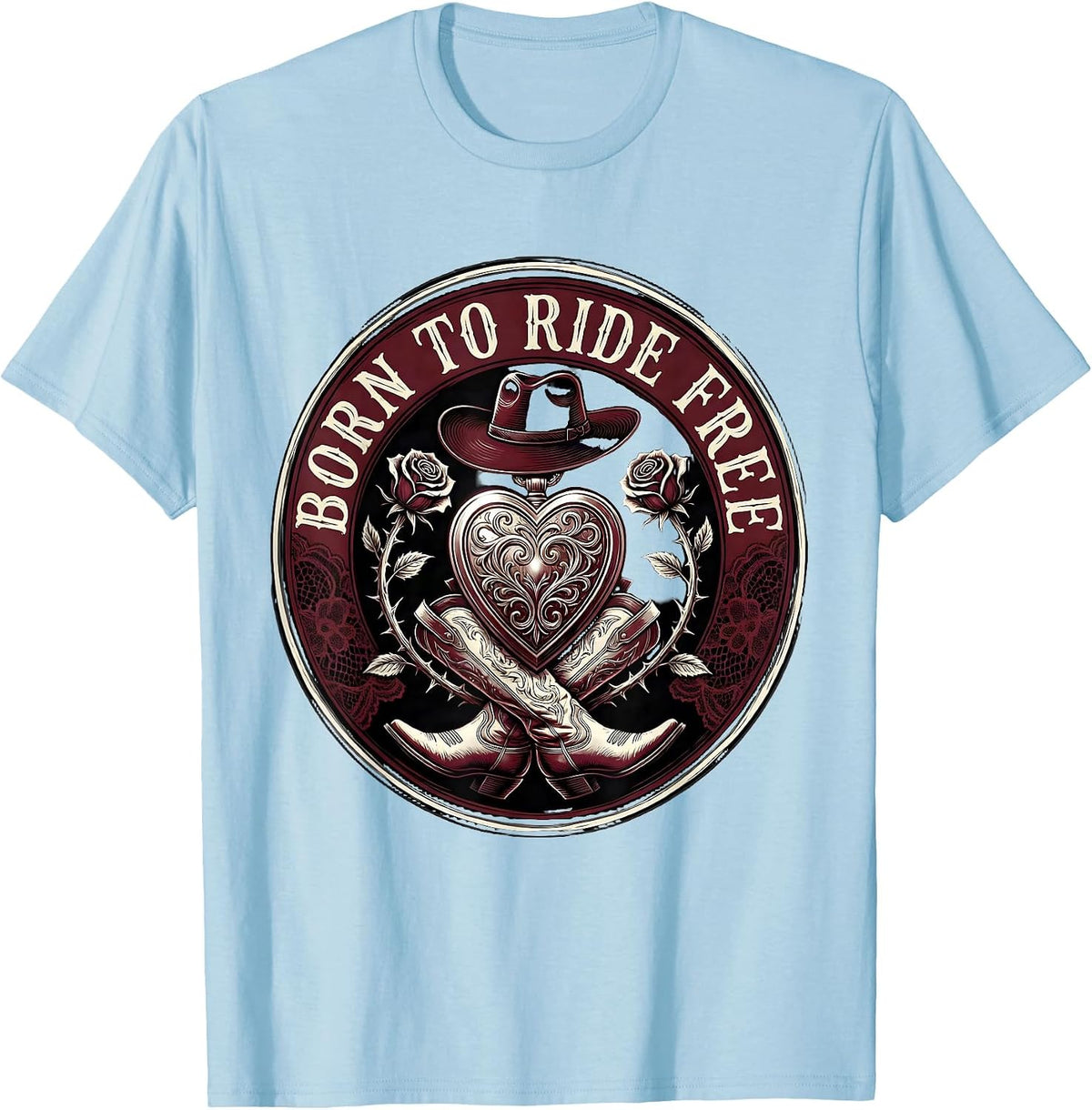 Men's Born to Ride Free Rodeo Cowgirl Design T-Shirt - Baby Blue