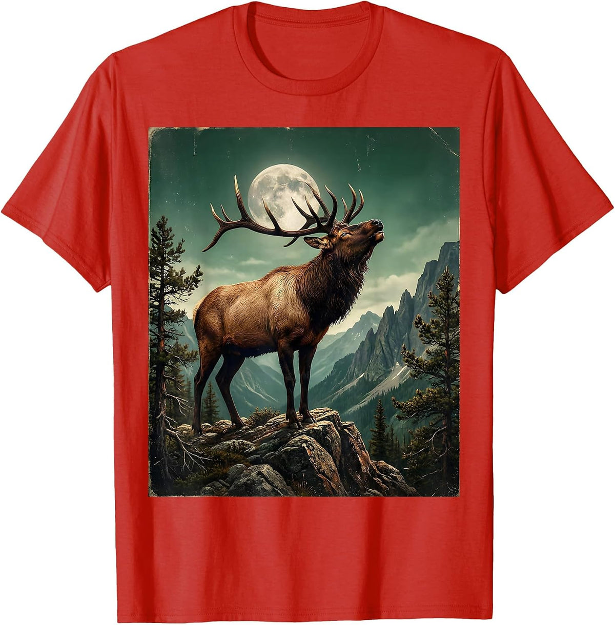 Men's Elk Bugling on Mountain Ridge Wildlife Design T-Shirt - Red