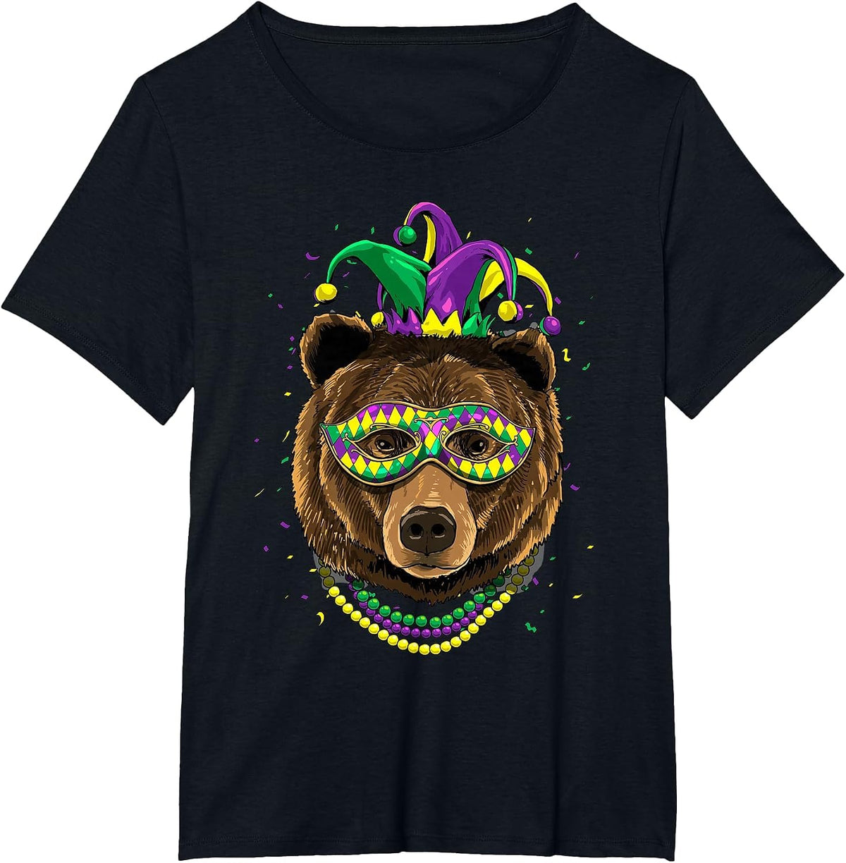 Bear Animal Lover Cute Mardi Gras Carnival Jester T-Shirt, Women's Plus, Black, 4X - As Pictured
