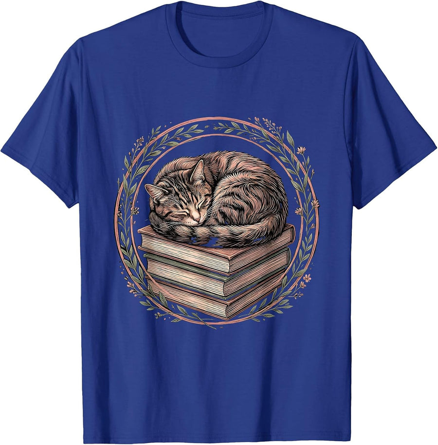 Sleeping Cat on Books Cozy Reading Illustration T-Shirt - Royal Blue