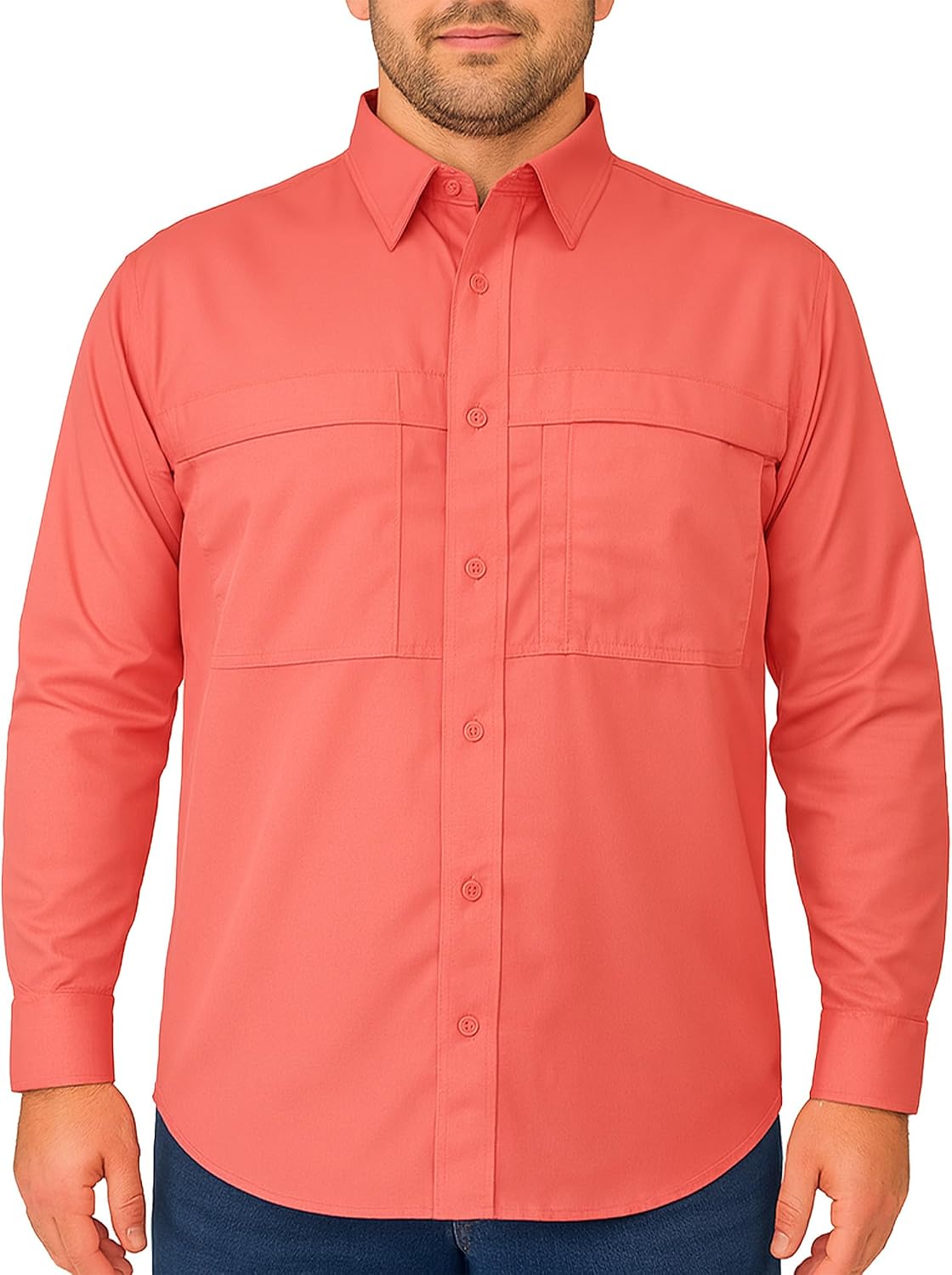 Men's Pescador Long Sleeve Fishing Shirt, Lightweight Polyester Button Down with Vented Back - Standard Coral