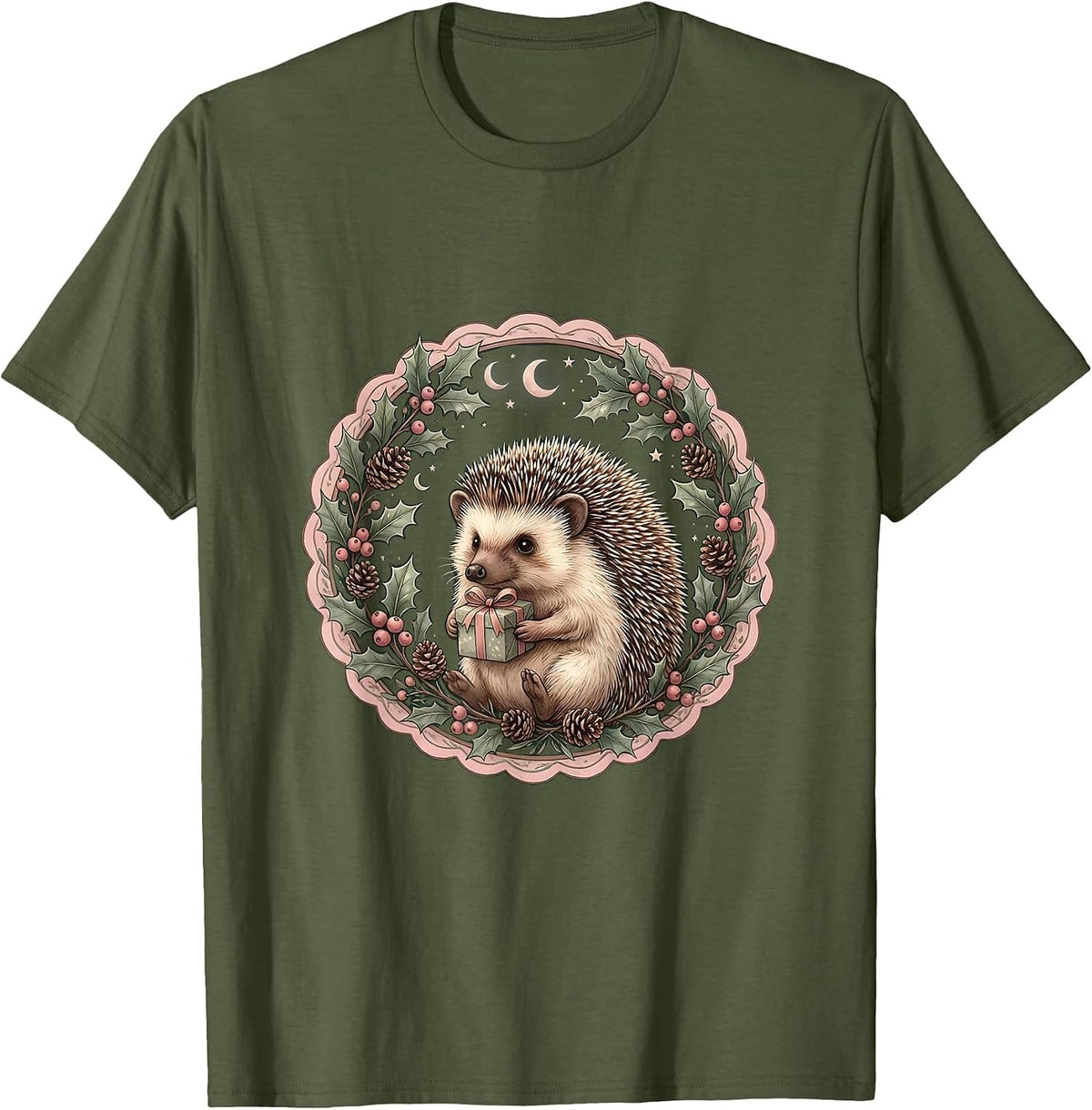 Christmas Hedgehog Carrying a Tiny Wrapped Gift T-Shirt - Olive Green