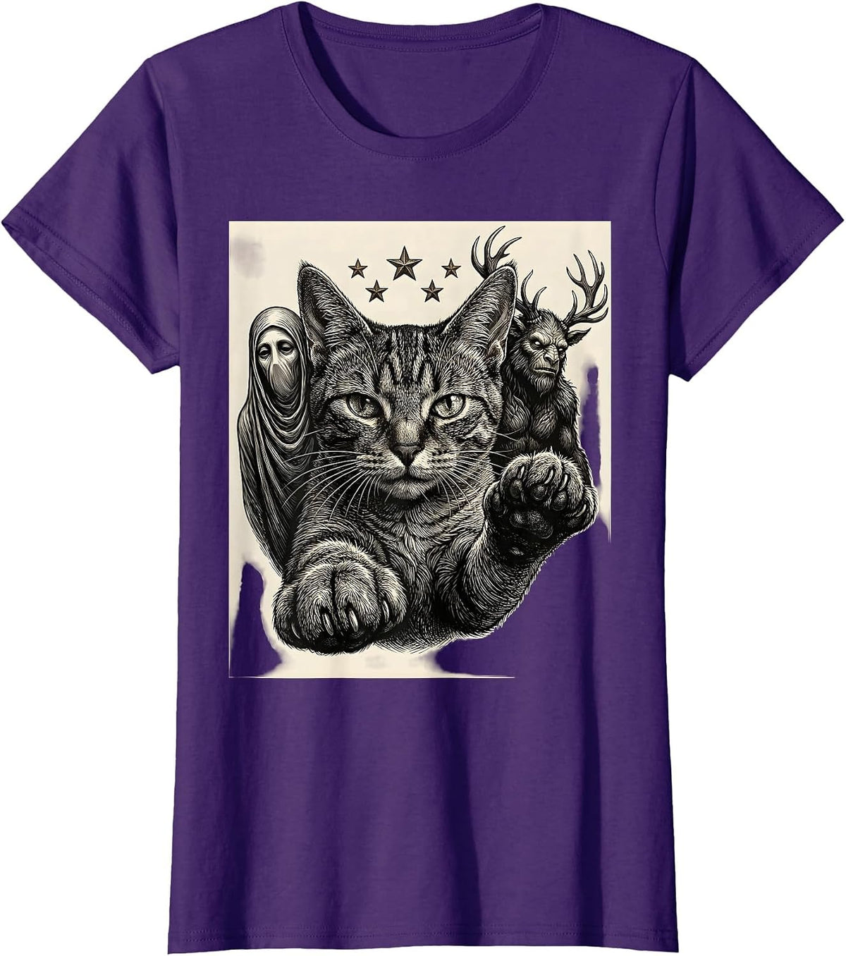 Women's Cat Selfie With Cryptid Skeleton Funny Cat Lover T-Shirt - Purple