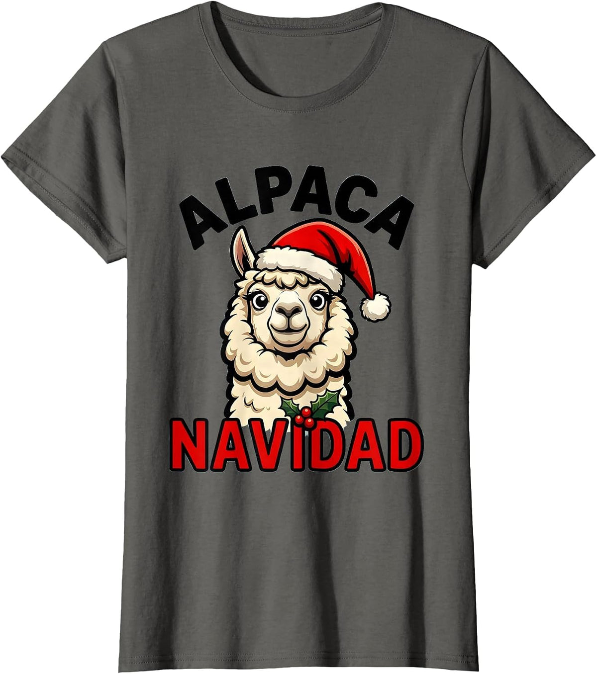 Women's Alpaca Navidad Funny Cartoon Christmas Pun Novelty Gift T-Shirt - Asphalt Grey