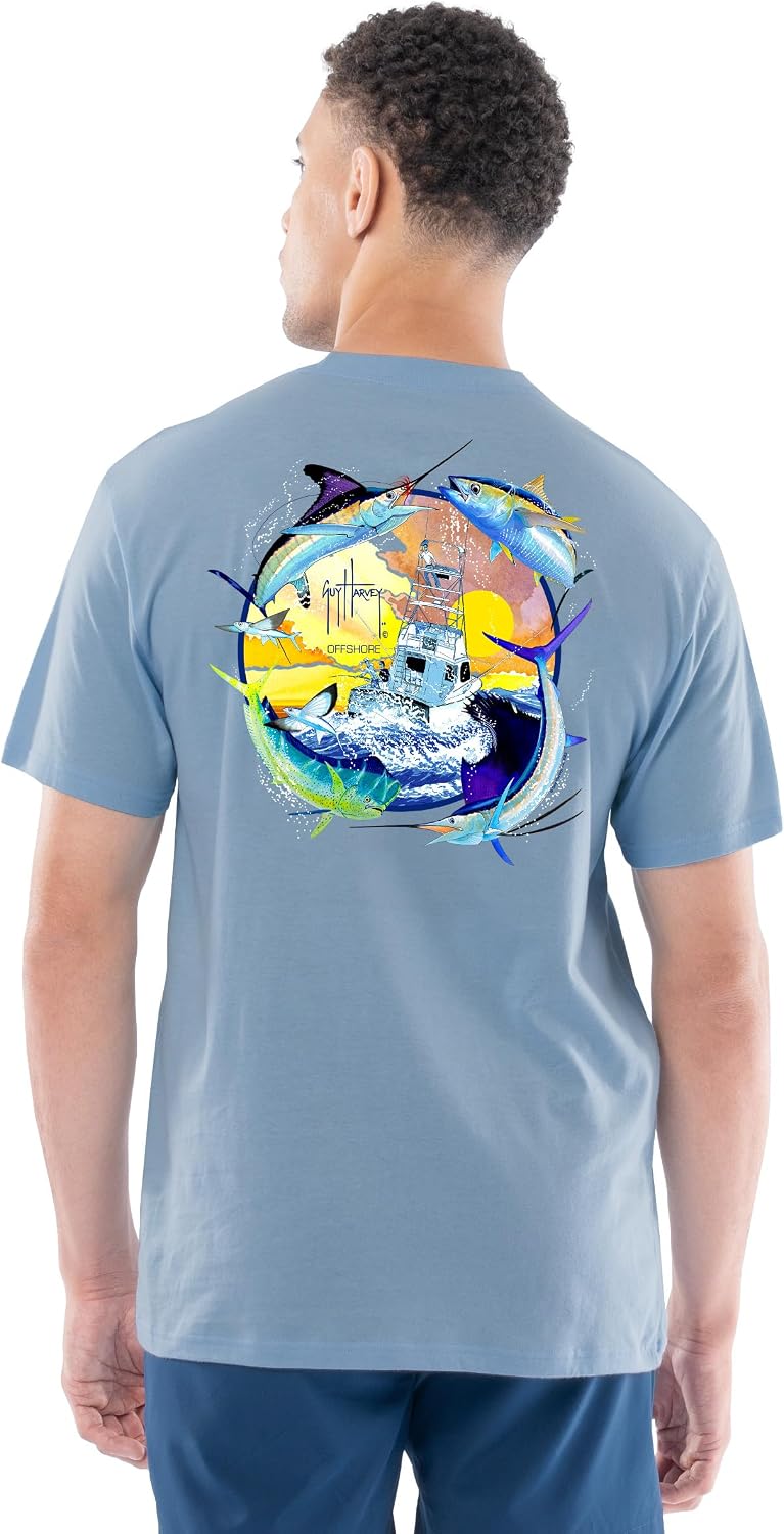 Guy Harvey Men’s Short Sleeve Lightweight Cotton Graphic Pocket T-Shirt - Clear Sky\/Open Ocean