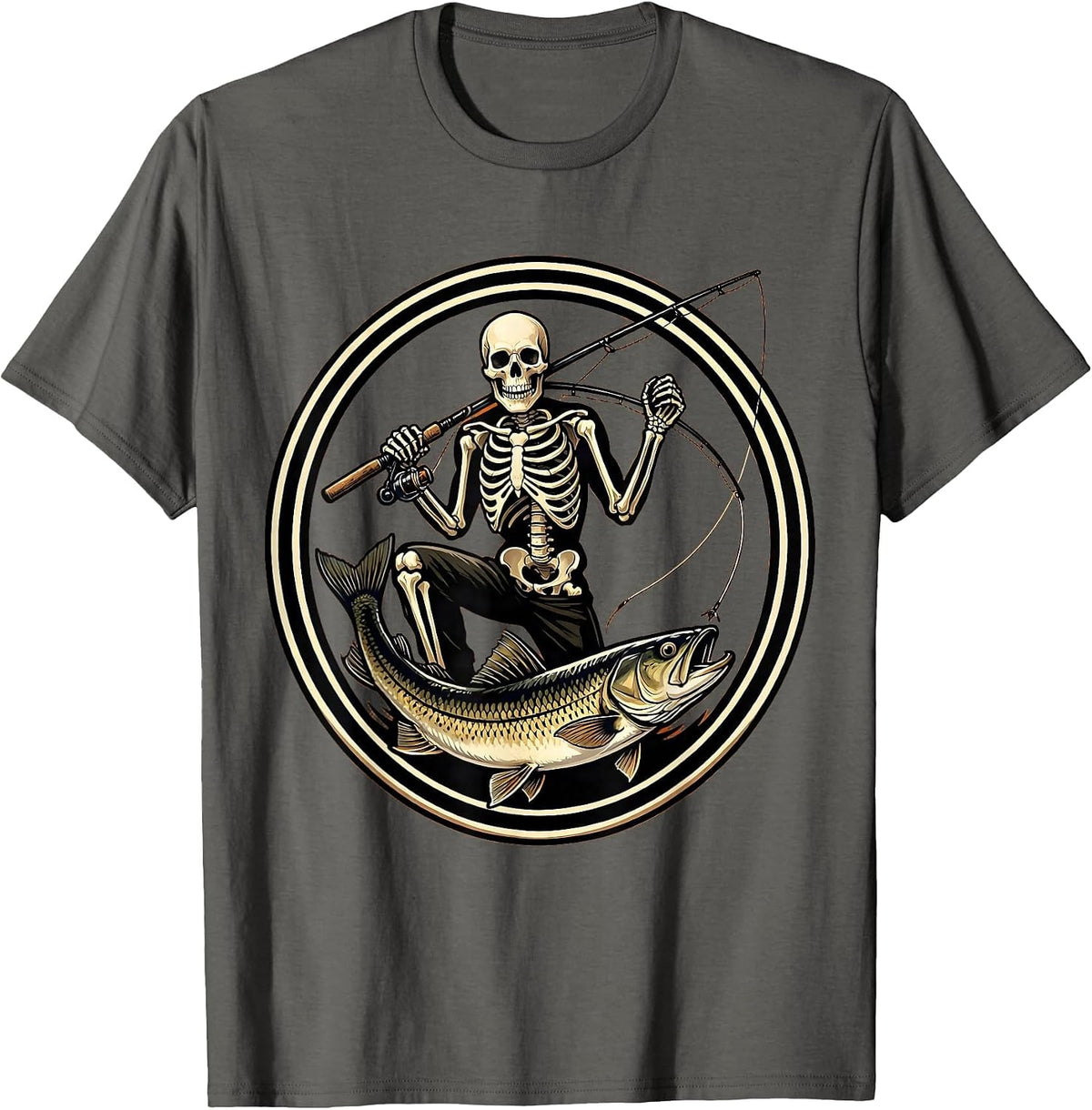 Celebratory Skeleton Angler Fishing Halloween Party T-Shirt - Asphalt Grey