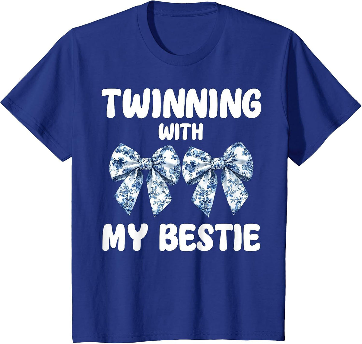 Cute Twinning with My Bestie Blue Toile Bow Coquette Bow T-Shirt - Royal Blue