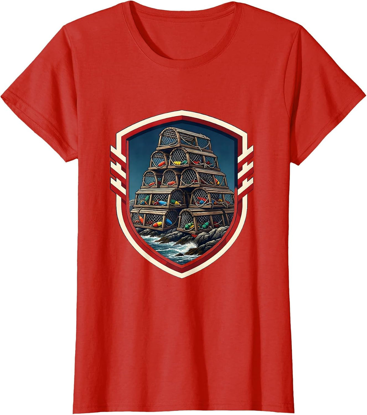 Lobster Trap Rocky Shore East Coast Graphic T-Shirt - Red