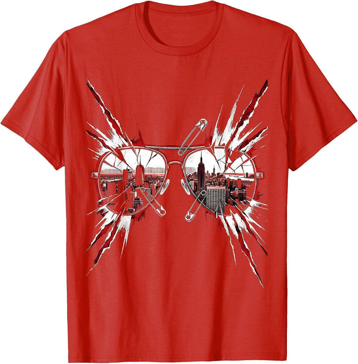 Men's Retro Synthwave Cityscape Reflective Sunglasses T-Shirt - Red