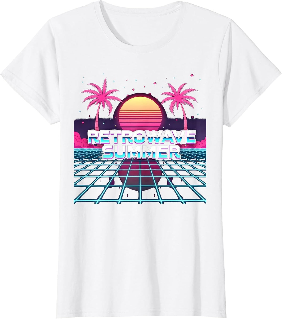 Retrowave Summer: 80s Inspired Tropical Sunset T-Shirt - White