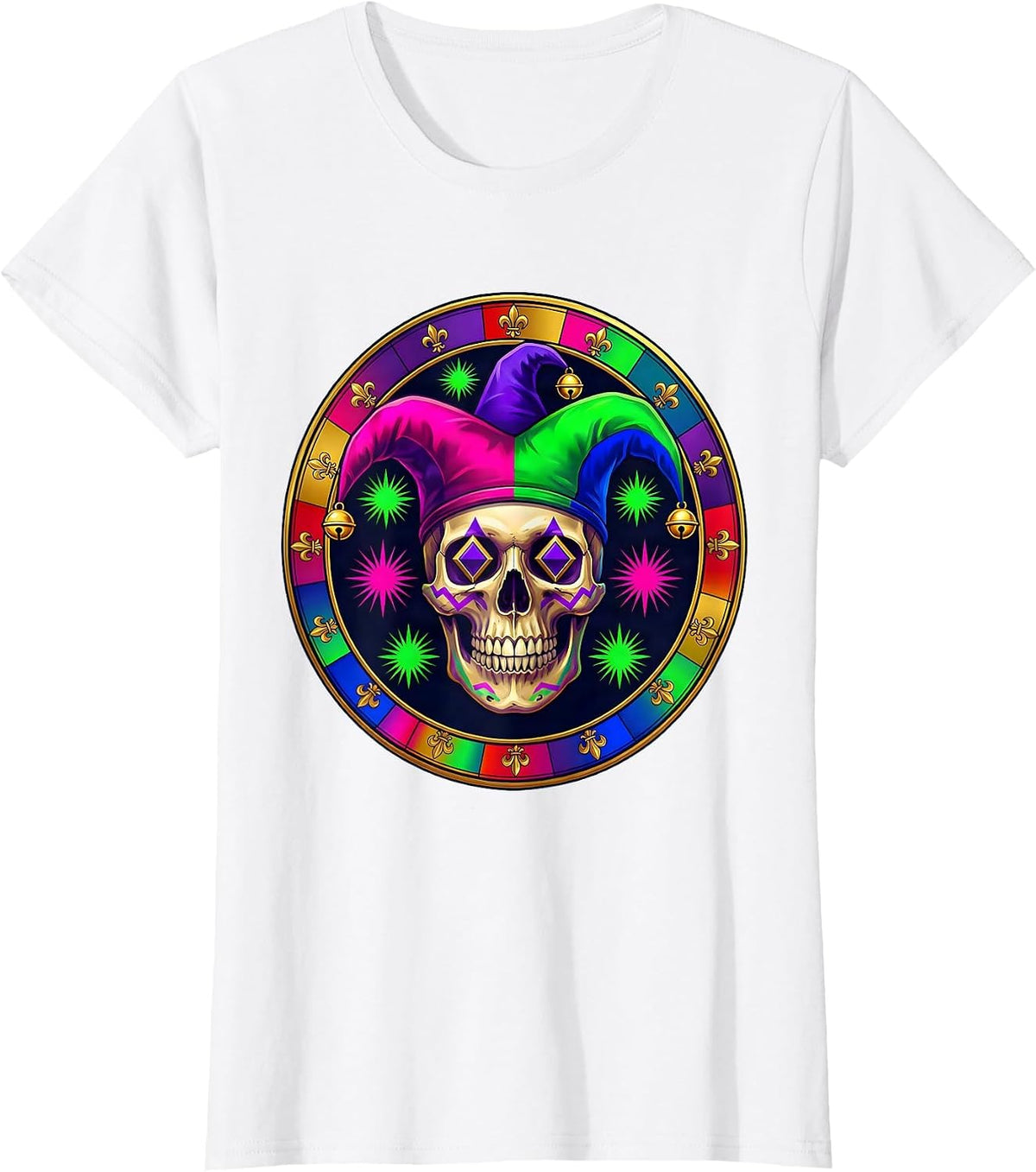 Women's Mardi Gras Jester Skull Three-Pointed Bell Hat T-Shirt - White