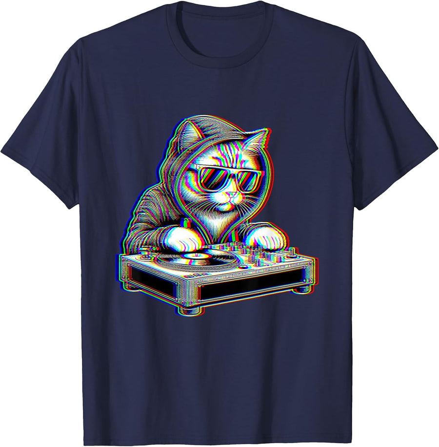 Trippy Cat Dj Rave Festival Optical Illusion EDM Psychedelic T-Shirt - Navy Blue