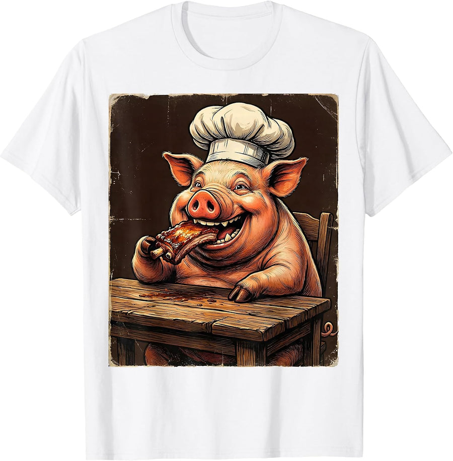 Men's Funny Pig Chef Eating Ribs BBQ Humor Graphic T-Shirt - White