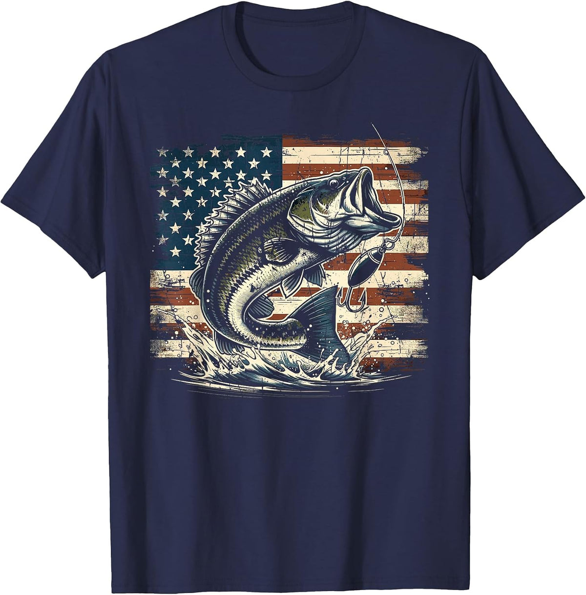 Fishing US American Flag Bass Fish Fisherman T-Shirt - Navy Blue
