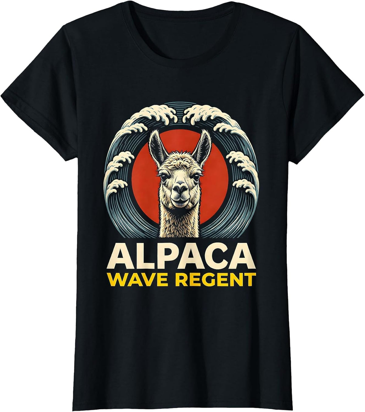Women's Alpaca Wave Regent Stencil Graphic Funny Animal Lover Pet T-Shirt - Black