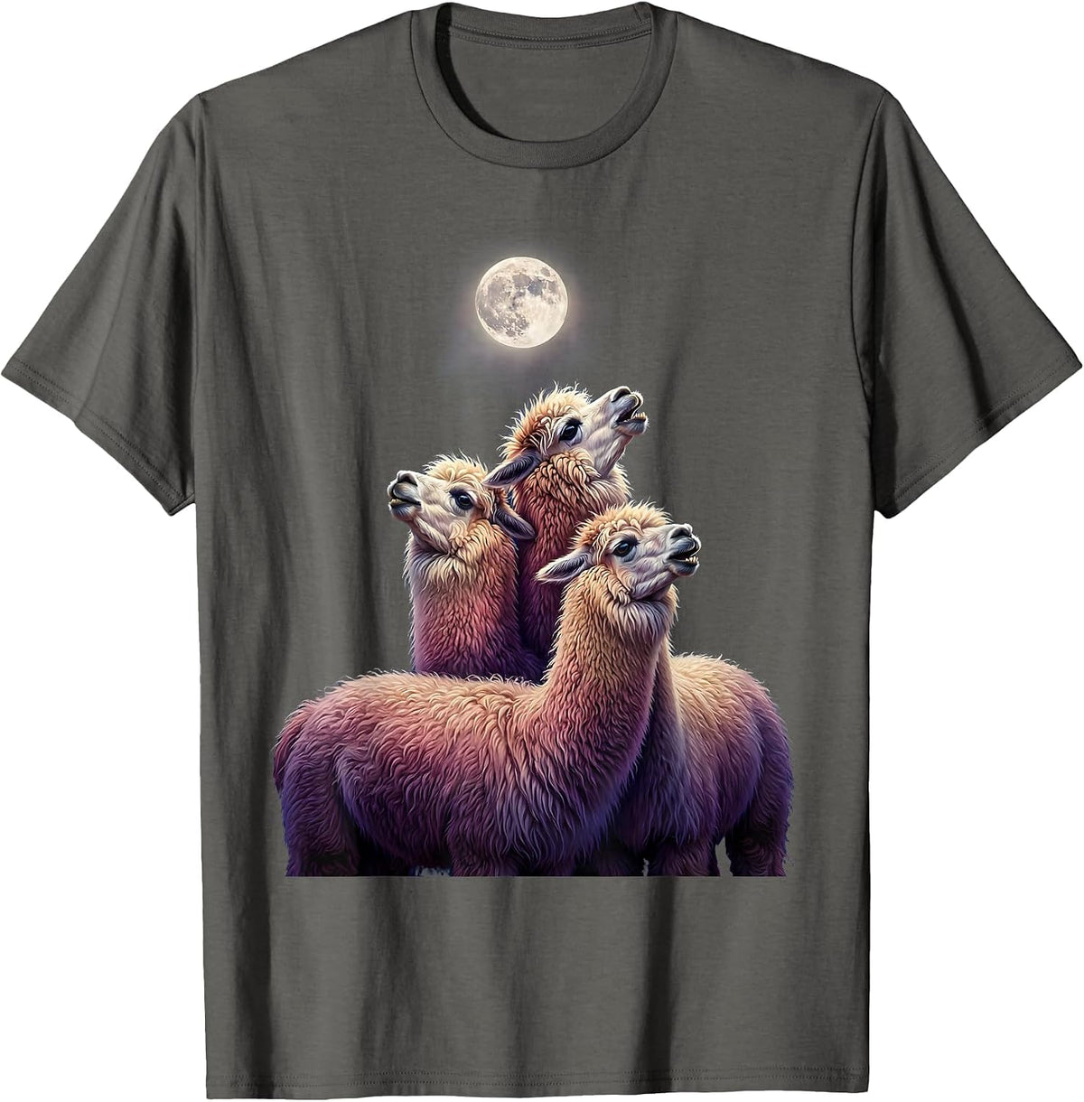 Men's Three Alpaca Moon Howling Absurd Meme Humor T-Shirt - Asphalt Grey