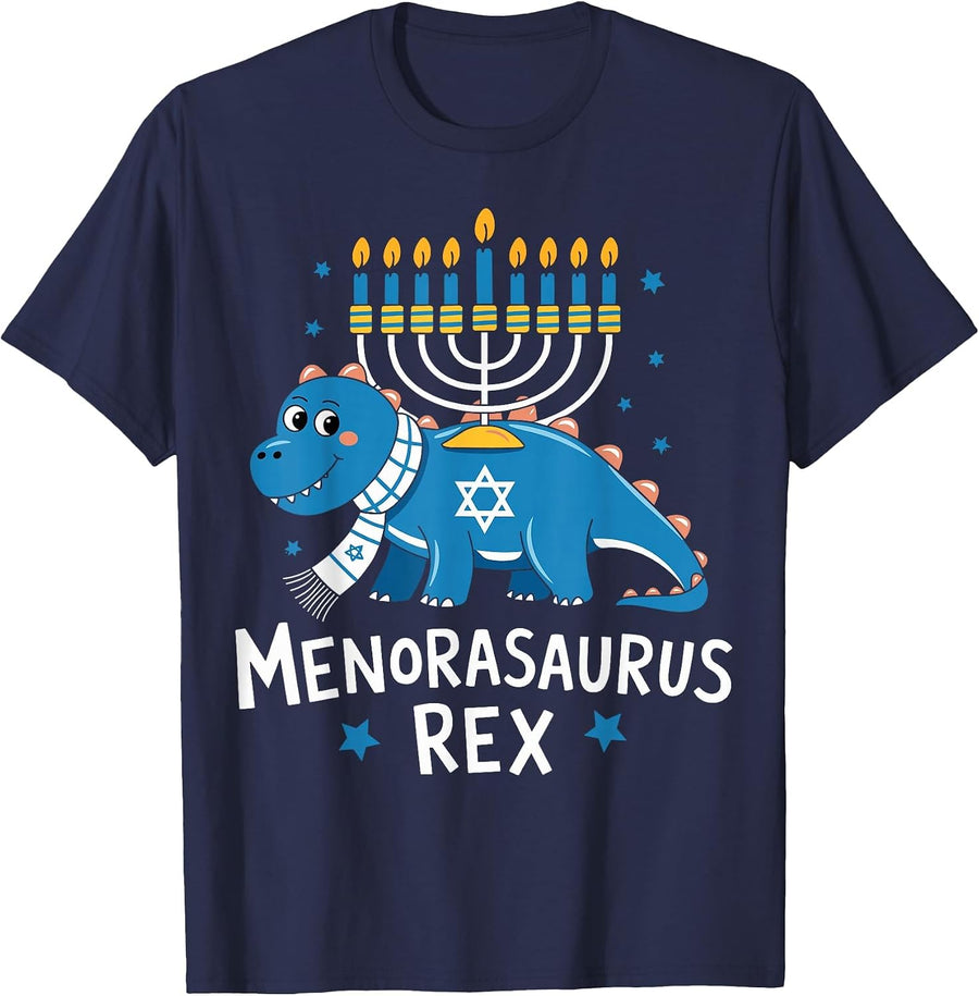 Hanukkah Dinosaur Lover Menorasaurus T Rex Dino Chanukah T-Shirt - Navy Blue