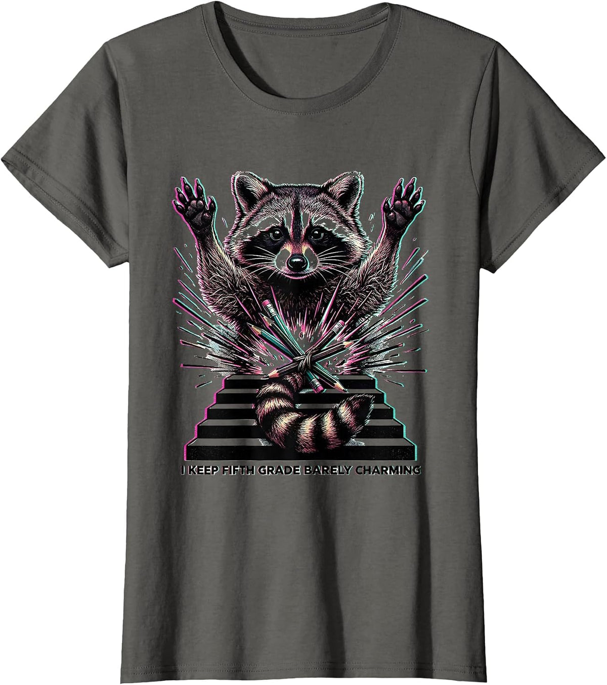 Women's I Keep Fifth Grade Barely Charming Funny Teacher Raccoon T-Shirt - Asphalt Grey