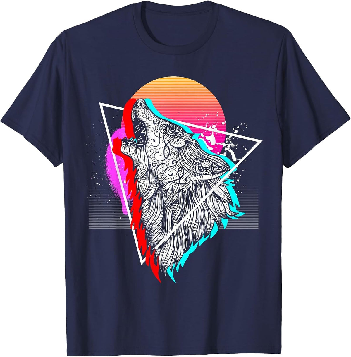 Synthwave Aesthetic Howling Wolf 1990s Retro Vaporwave T-Shirt - Navy Blue