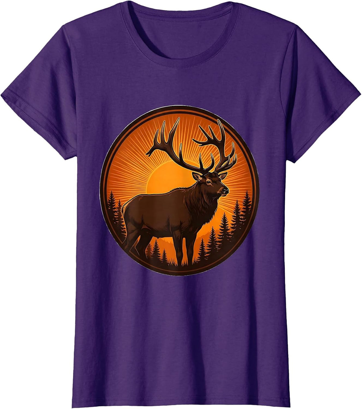 Women's Elk Silhouette Orange Sunset Fall Nature Design T-Shirt - Purple