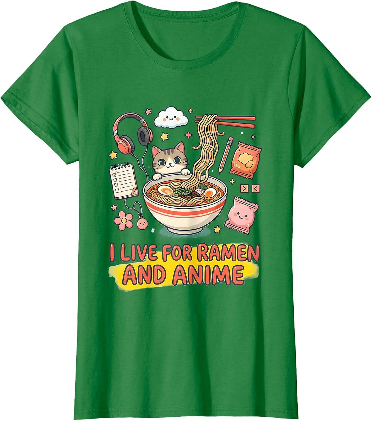 Women's I Live For Ramen And Anime Kawaii Cat Anime Gift T-Shirt - Kelly Green