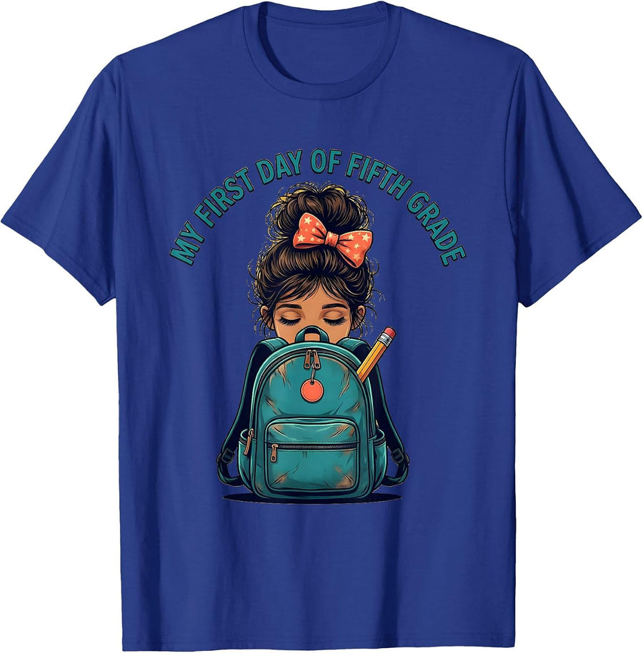 My First Day of Fifth Grade Funny Messy Bun Back To School T-Shirt - Royal Blue