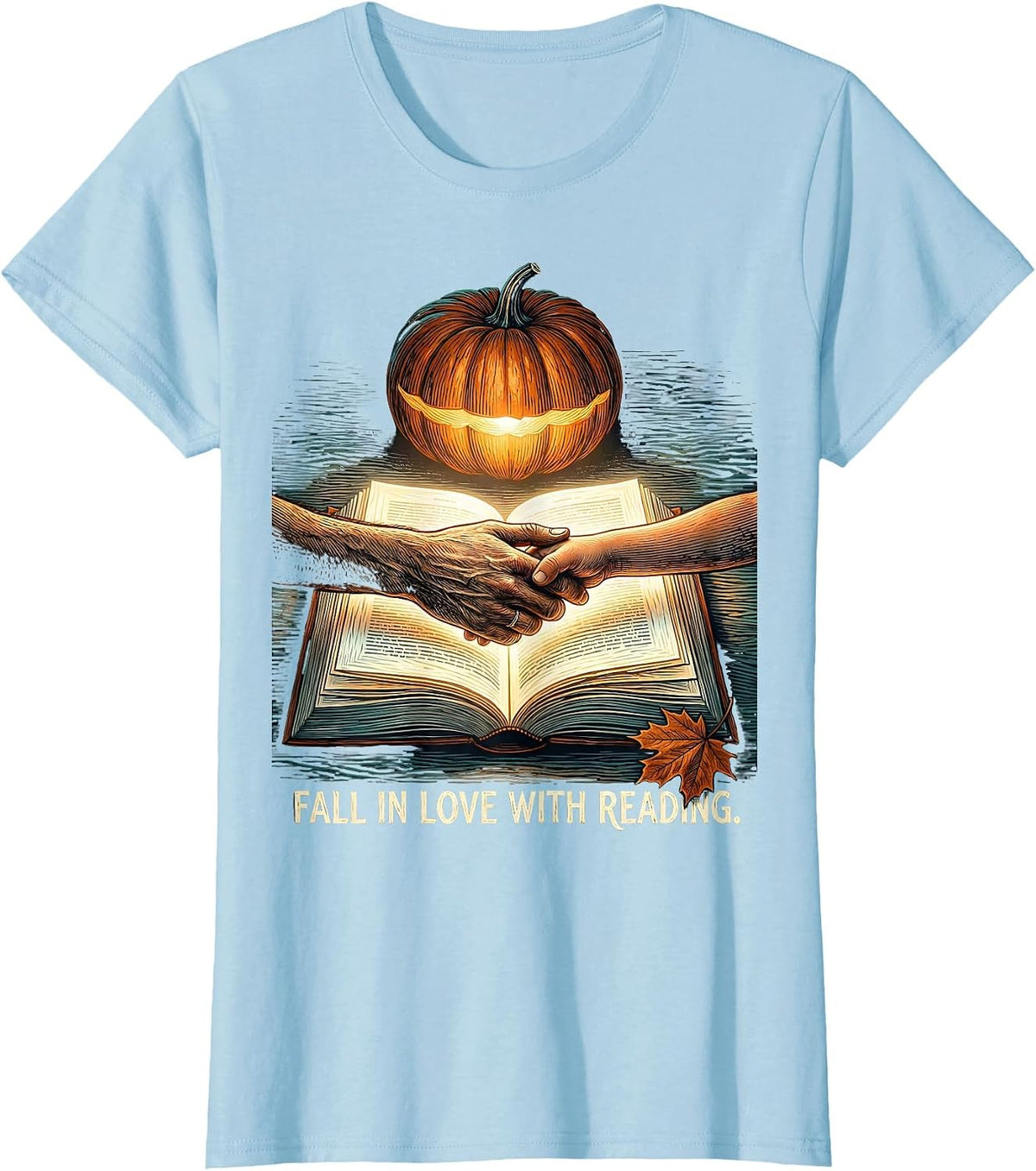 Fall In Love With Reading Whimsical Teacher Book Lover T-Shirt - Baby Blue