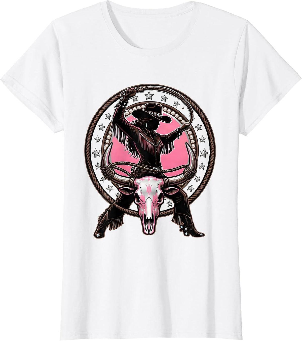 Women's Cowgirl Roping Steer Horns Western Rodeo Graphic T-Shirt - White