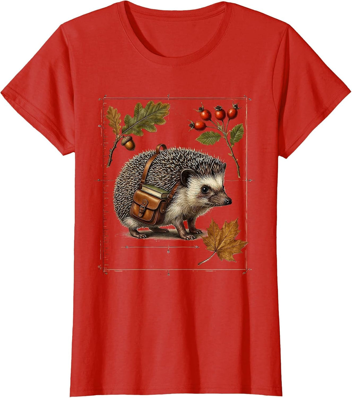 Fall Teacher Hedgehog with Backpack Full of Books T-Shirt - Red