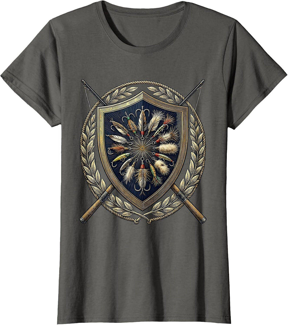 Women's Colorful Fly Fishing Lures Graphic Tee T-Shirt - Asphalt Grey