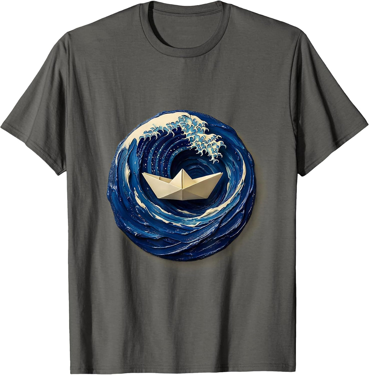 Men's Small Boat vs Massive Waves Nautical Art T-Shirt - Asphalt Grey