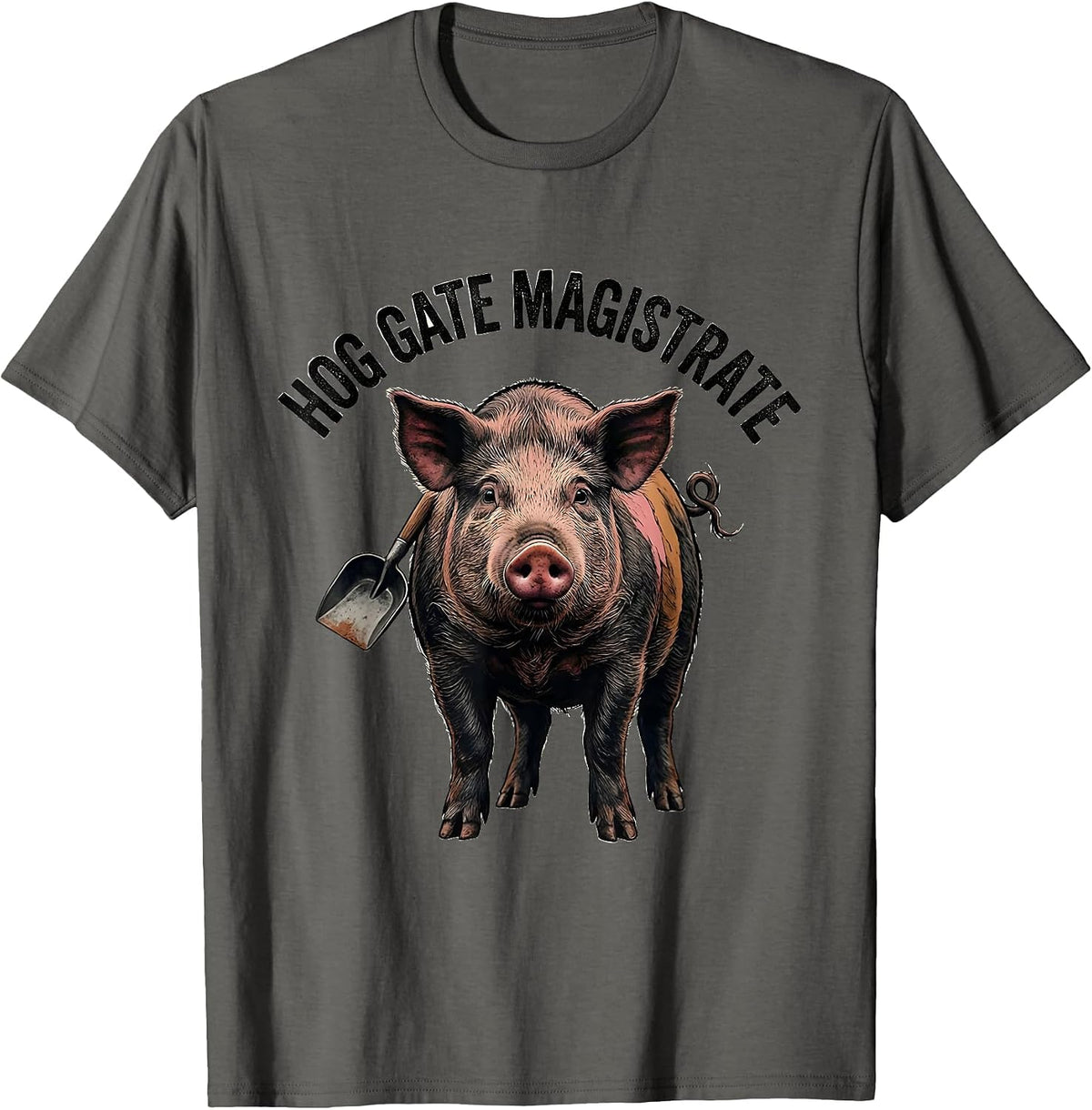 Hog Gate Magistrate Distressed Pig Lover Farm Humor T-Shirt - Asphalt Grey