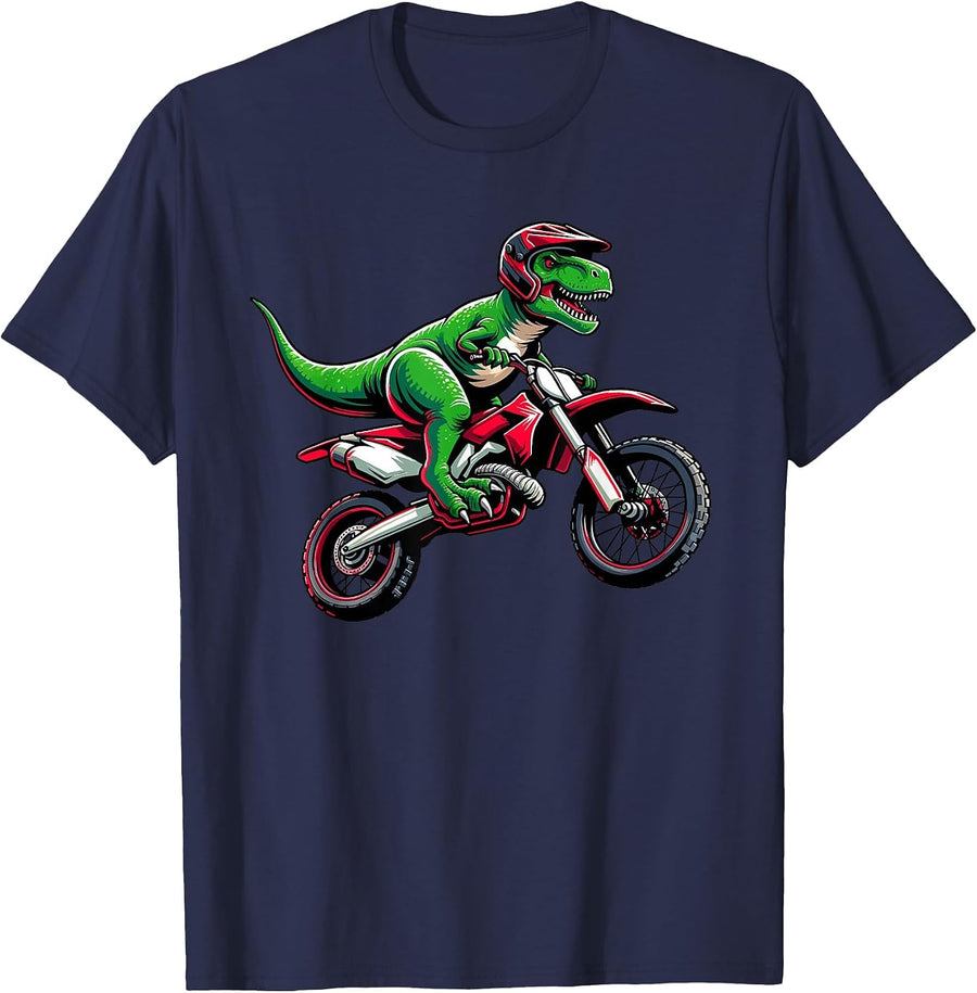 Dirt Bike & Motocross | Motorcycle for Boys, Dinosaur Riding T-Shirt - Navy Blue