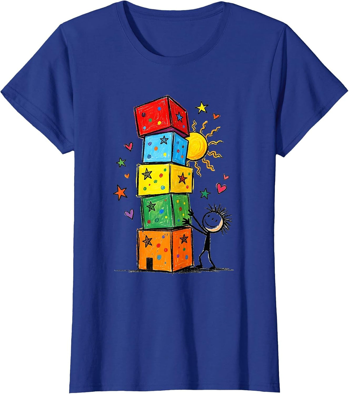 Women's Preschool Teacher Building Blocks Tower Graphic T-Shirt - Royal Blue