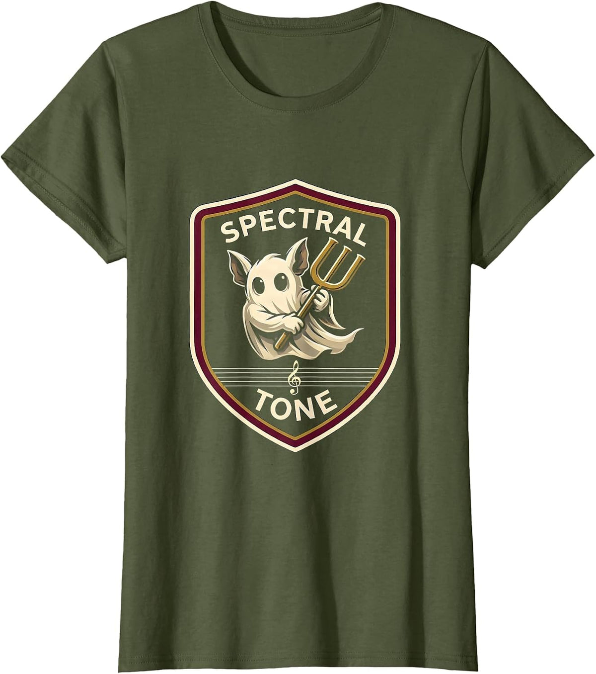Women's Spectral Tone Whimsical Ghost Musician Music Teacher T-Shirt - Olive Green